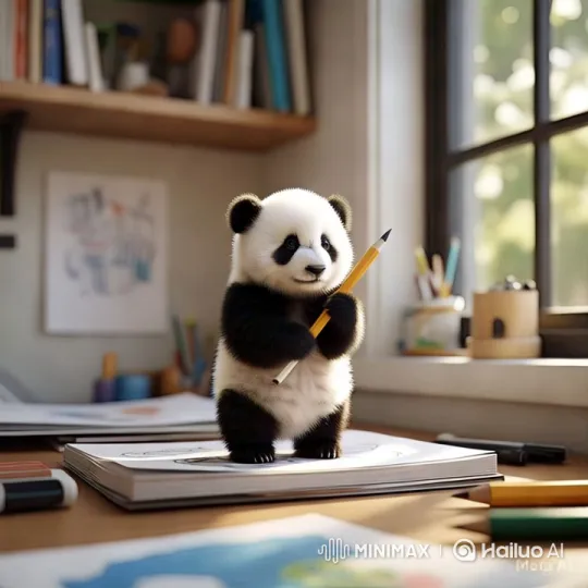 Adorable Panda Holds Pencil in Artistic Desk Scene – AI Generated Video | Hailuo AI