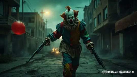 Eerie Clown in Abandoned Street with Guns and Balloon – AI Generated Video | Hailuo AI