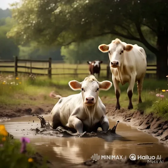 Joyful Calf Plays in Mud with Serene Background – AI Generated Video | Hailuo AI