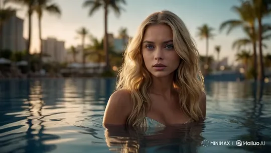 Luxurious Sunset Pool Scene with Mysterious Woman – AI Generated Video | Hailuo AI