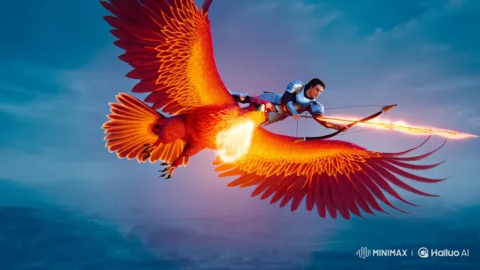Knight on Phoenix: Epic Flight and Ethereal Aim – AI Generated Video | Hailuo AI