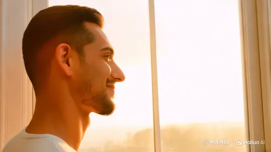 Man Reflects by Sunlit Window in Serene Moment – AI Generated Video | Hailuo AI