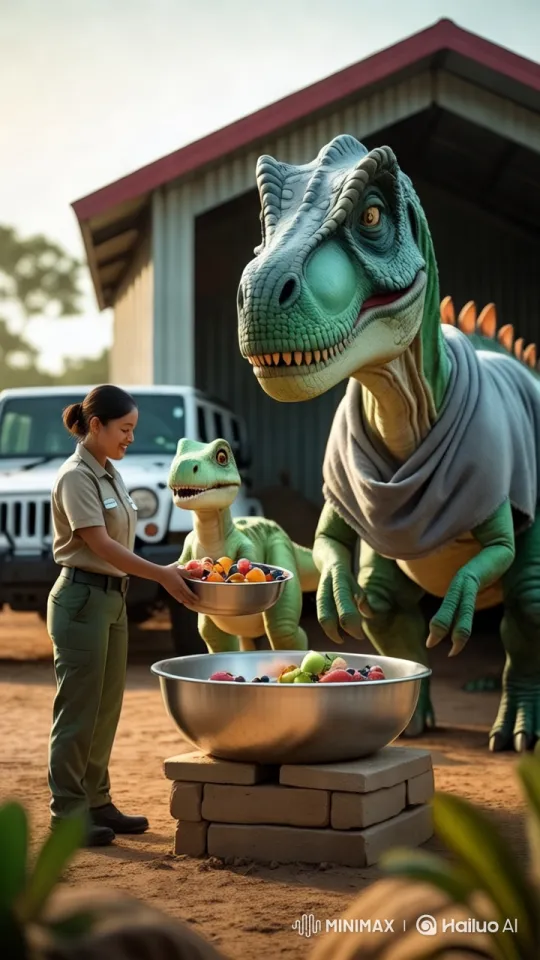 Lady Feeds Colorful Fruits to Curious Dinosaurs – AI Generated Video | Hailuo AI