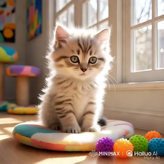 Aesthetic Close-up of a Curious Kitten in a Colorful Room – AI Generated Video | Hailuo AI