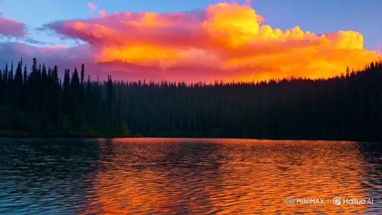 Tranquil Sunset Mirror: Enchanting Lake Panorama – AI Generated Video | Hailuo AI