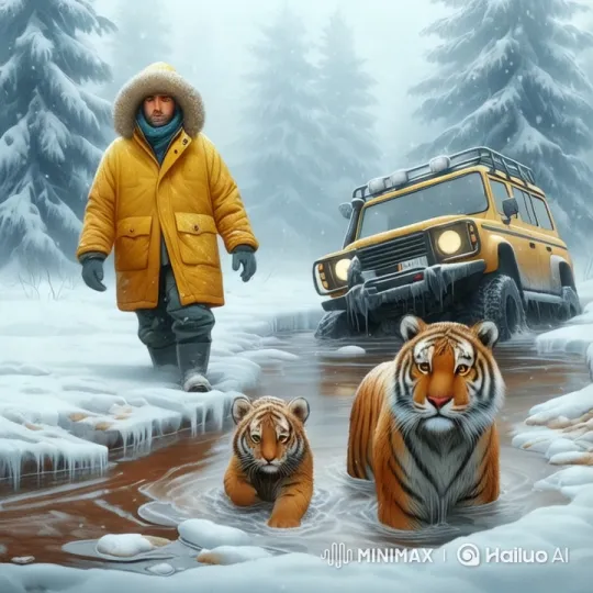 Frustrated Man and Tigers Amidst Winter Forest Drama – AI Generated Video | Hailuo AI