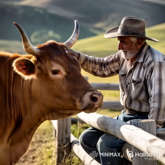 Man and Cow Share Intimate Moment in Serene Countryside – AI Generated Video | Hailuo AI