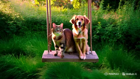 Cat and Dog Frolic on Swing in Serene Garden – AI Generated Video | Hailuo AI