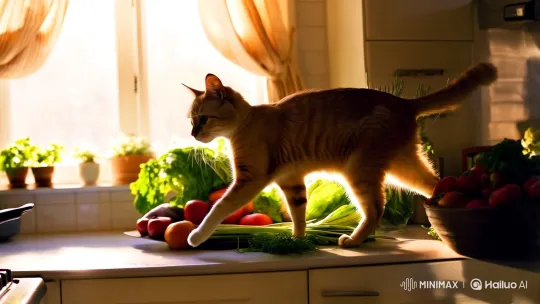 Cat Stirs Pot in Sunlit Kitchen Magic – AI Generated Video | Hailuo AI