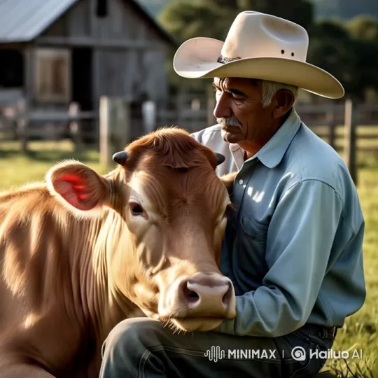 Farmer and Cow Bond in Serene Rural Setting – AI Generated Video | Hailuo AI