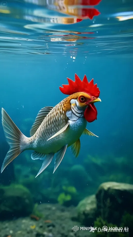 Unique Chicken-Feathered Fish Glides in Serene Underwater Wonderland – AI Generated Video | Hailuo AI