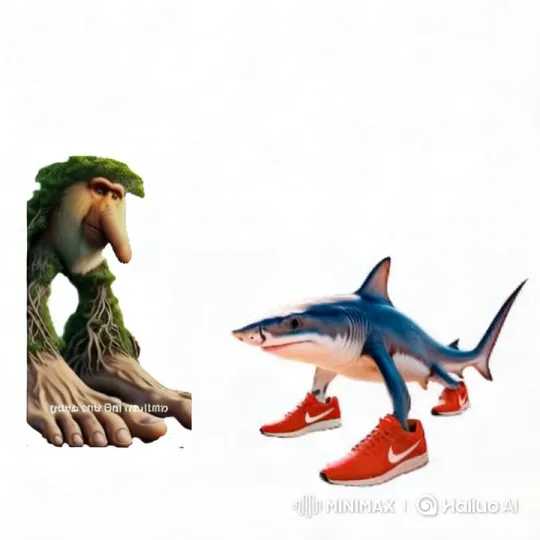 Surreal Confrontation: Tree Creature vs. Orange-Sneakered Shark – AI Generated Video | Hailuo AI