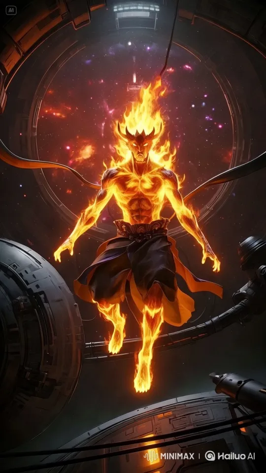 Futuristic Fire-Enveloped Character in Space Station Setting – AI Generated Video | Hailuo AI