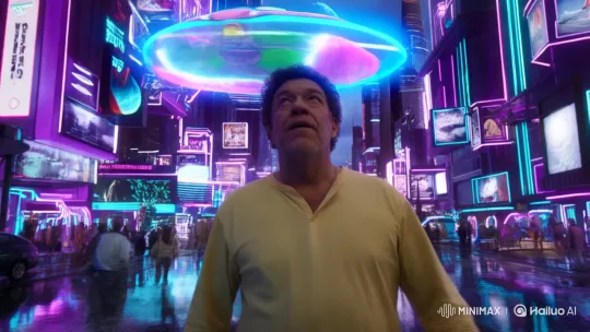 Future City: Man Navigates Neon Streets Amid Holograms – AI Generated Video | Hailuo AI