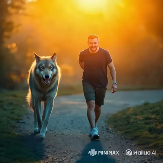 Man and Wolf Walk in Serene Golden Hour Harmony – AI Generated Video | Hailuo AI