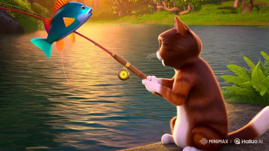 Anthropomorphic Cat Enjoys Whimsical Fishing Adventure – AI Generated Video | Hailuo AI