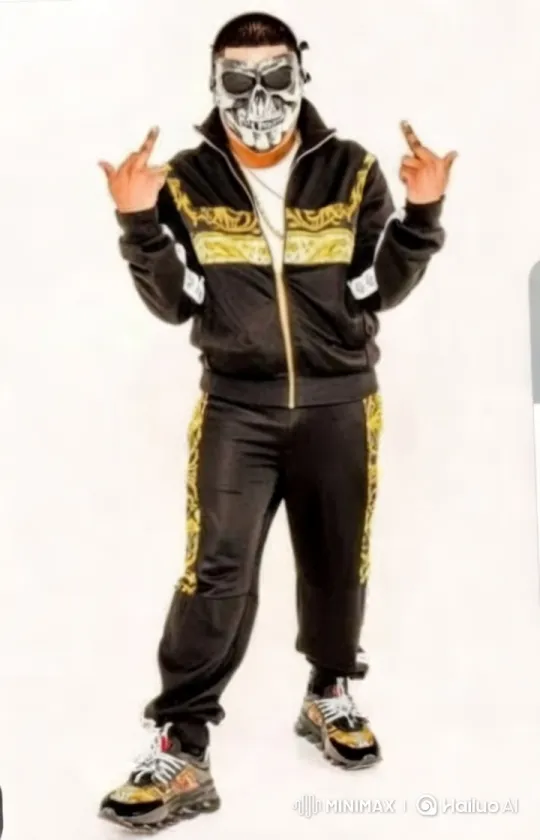 Confident Man in Black Tracksuit with Gold Patterns – AI Generated Video | Hailuo AI