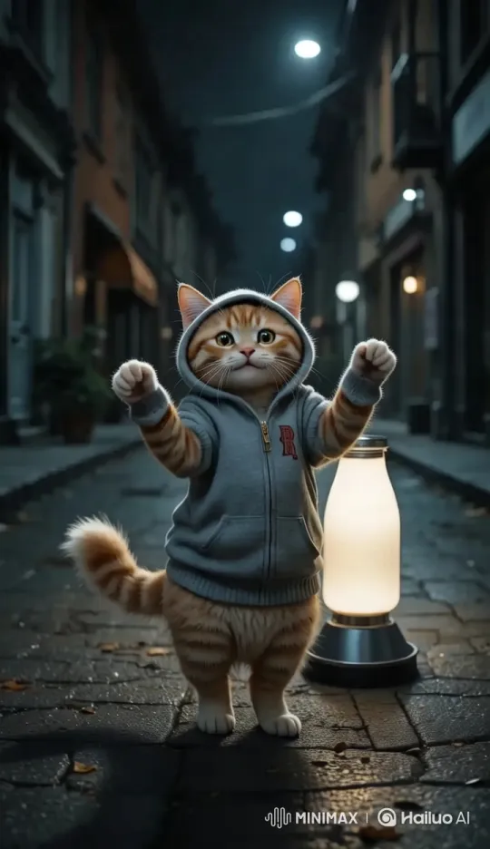 Joyful Cat Dances with Glowing Milk Feeder on Dark Street – AI Generated Video | Hailuo AI