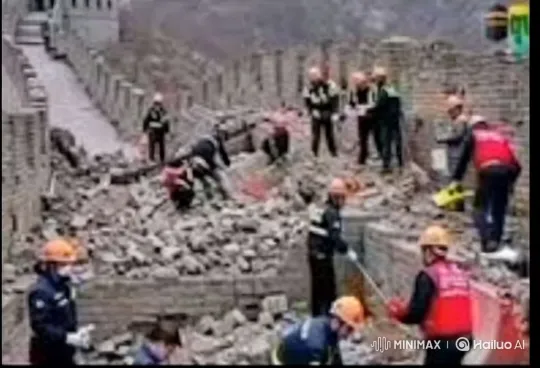 Rescue Workers Clearing Debris at the Great Wall of China – AI Generated Video | Hailuo AI
