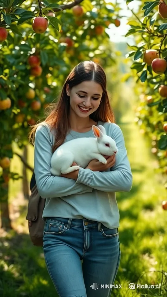 Young Woman with Rabbit in Vibrant Orchard – AI Generated Video | Hailuo AI