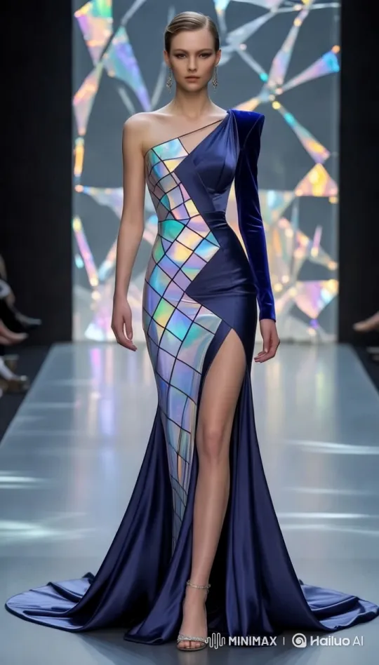 High-Fashion Model Showcases Elegant Iridescent Dress – AI Generated Video | Hailuo AI