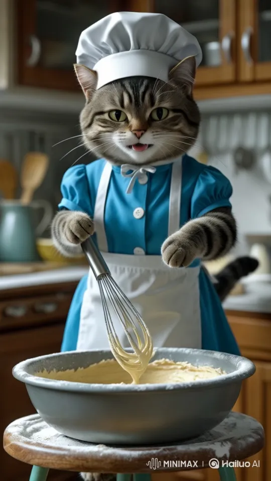 Cat Chef Whisking Flour in Cozy Kitchen – AI Generated Video | Hailuo AI