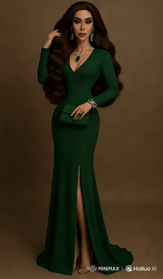 Elegant Woman in Emerald Gown Showcases High Fashion Style – AI Generated Video | Hailuo AI