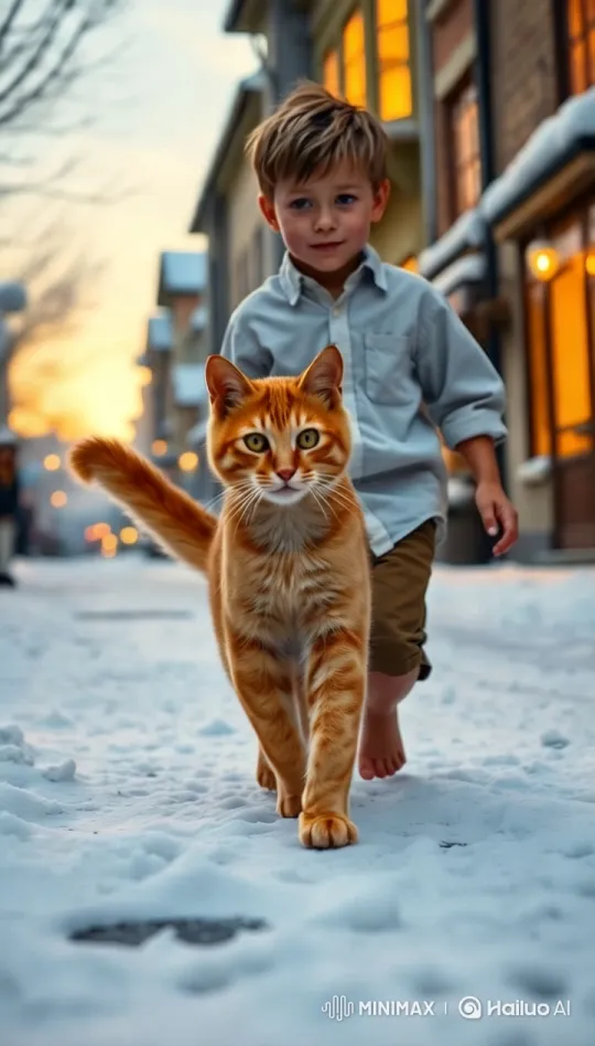 Orange Cat Leads Boy Through Snowy Streets – AI Generated Video | Hailuo AI