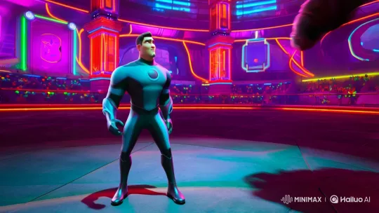 Futuristic Man Faces Brawl Stars Character in Neon Arena – AI Generated Video | Hailuo AI