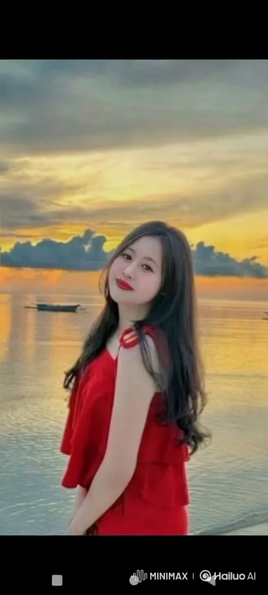 Stunning Sunset: Woman in Red Dress by Tranquil Sea – AI Generated Video | Hailuo AI