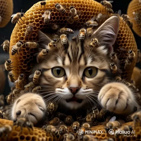 Cat Nestled in Honeycomb Amidst Busy Bees – AI Generated Video | Hailuo AI
