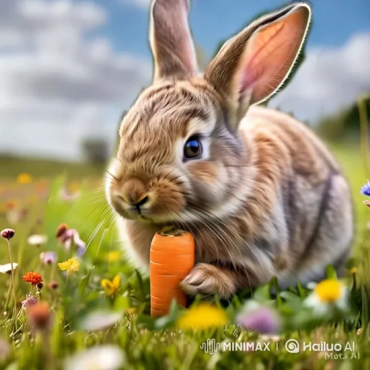 Aesthetic Rabbit Enjoying Carrot in Colorful Meadow – AI Generated Video | Hailuo AI
