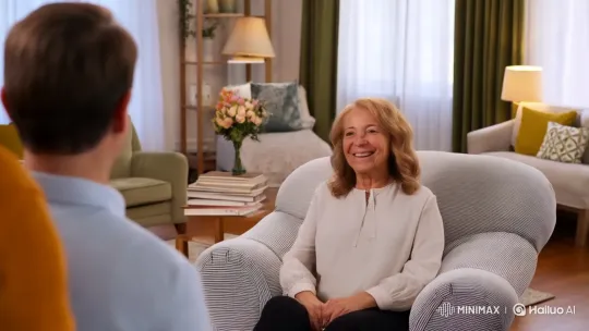 Elderly Woman Inspires Group in Cozy Living Room – AI Generated Video | Hailuo AI