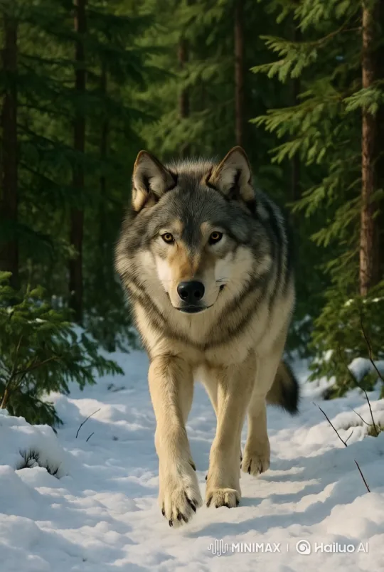 Wolf's Majestic Stride Through Snowy Forest – AI Generated Video | Hailuo AI