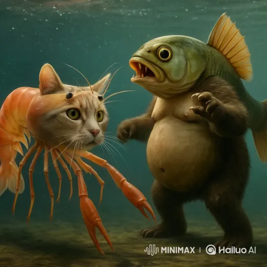 Surreal Underwater Encounter: Cat-Shrimp and Bear-Fish Find Understanding – AI Generated Video | Hailuo AI