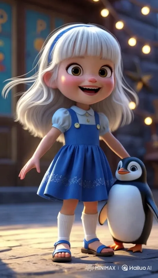 Alice and the Joyful Penguin in Whimsical Pixar 3D Setting – AI Generated Video | Hailuo AI