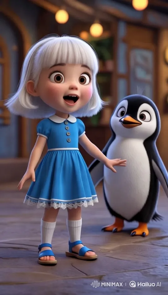Friendly Penguin Meets Enthusiastic Alice in Pixar Style – AI Generated Video | Hailuo AI