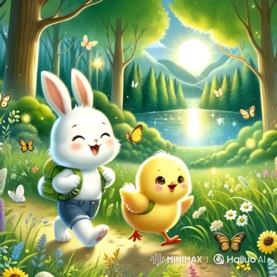 Animated Rabbit and Chicken Enjoy a Joyful Forest Walk – AI Generated Video | Hailuo AI
