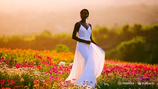 Ethereal Beauty: Woman in White Amidst Flowery Field – AI Generated Video | Hailuo AI