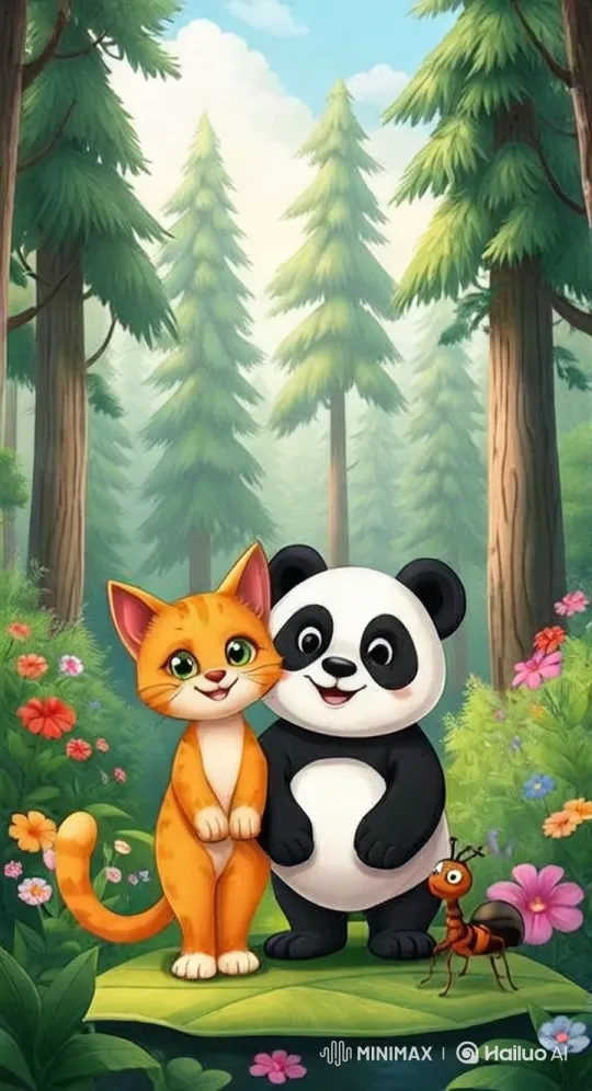 Magical Forest with Playful Cat, Peaceful Panda, and Animated Ant – AI Generated Video | Hailuo AI