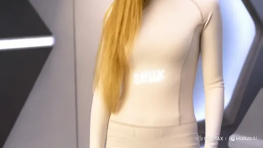 Young Woman Interacts with Futuristic Holographic Inscription – AI Generated Video | Hailuo AI