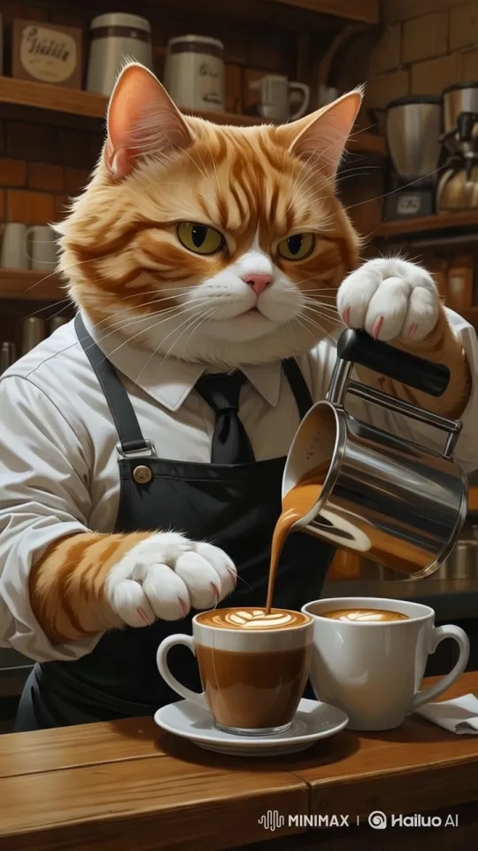 Ginger Cat Barista Creates Latte Art in Cozy Café – AI Generated Video | Hailuo AI