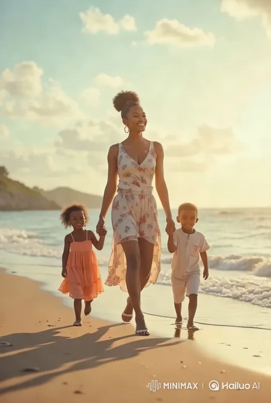 Golden Hour Walk on the Beach with Family – AI Generated Video | Hailuo AI