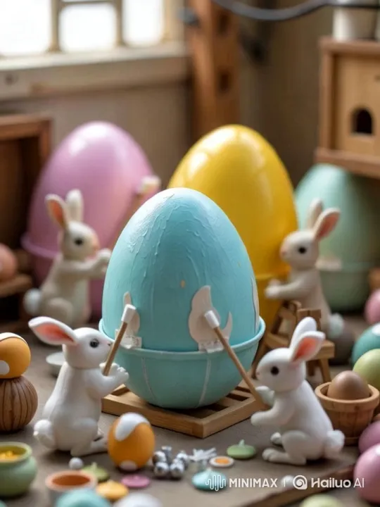 Miniature Workers Paint Oversized Easter Eggs – AI Generated Video | Hailuo AI