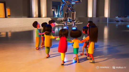 Children Explore Futuristic Robot in Aesthetic Film Scene – AI Generated Video | Hailuo AI