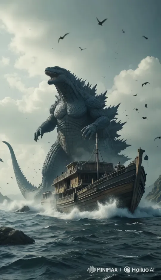 Godzilla Emerges, Engulfs Ship in Mighty Clash – AI Generated Video | Hailuo AI