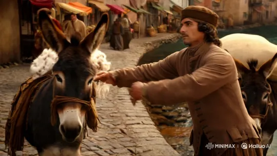 Merchant's Donkey and the Salt Illusion in Period Marketplace – AI Generated Video | Hailuo AI