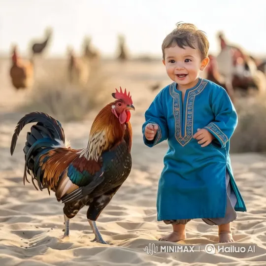 Child and Rooster Interaction in Desert Setting – AI Generated Video | Hailuo AI