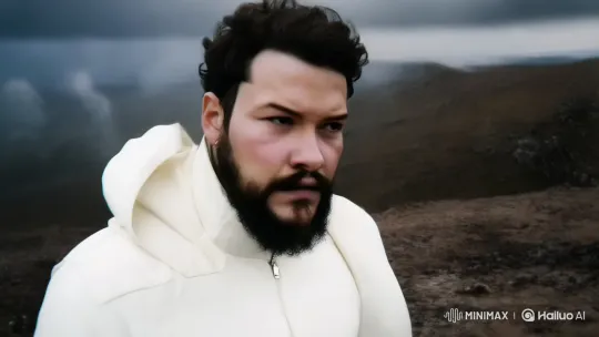 Rugged Man Commands Attention on Stormy Hilltop – AI Generated Video | Hailuo AI