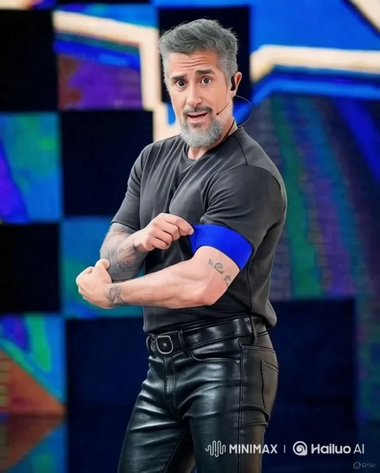 Man in Black Adjusts Armband Amidst Colorful Backdrop – AI Generated Video | Hailuo AI
